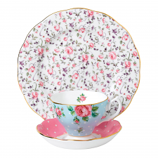 Modern Vintage Rose Confetti Teacup, Saucer & Plate